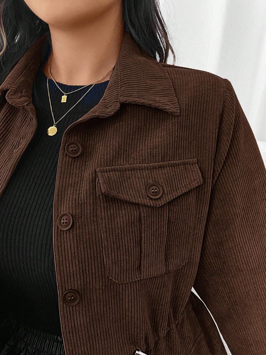 Corduroy Drawstring Waist Jacket For Everyday Casual Wear
