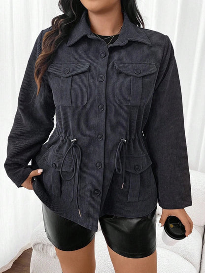 Corduroy Drawstring Waist Jacket For Everyday Casual Wear