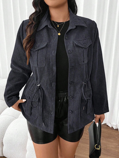 Corduroy Drawstring Waist Jacket For Everyday Casual Wear