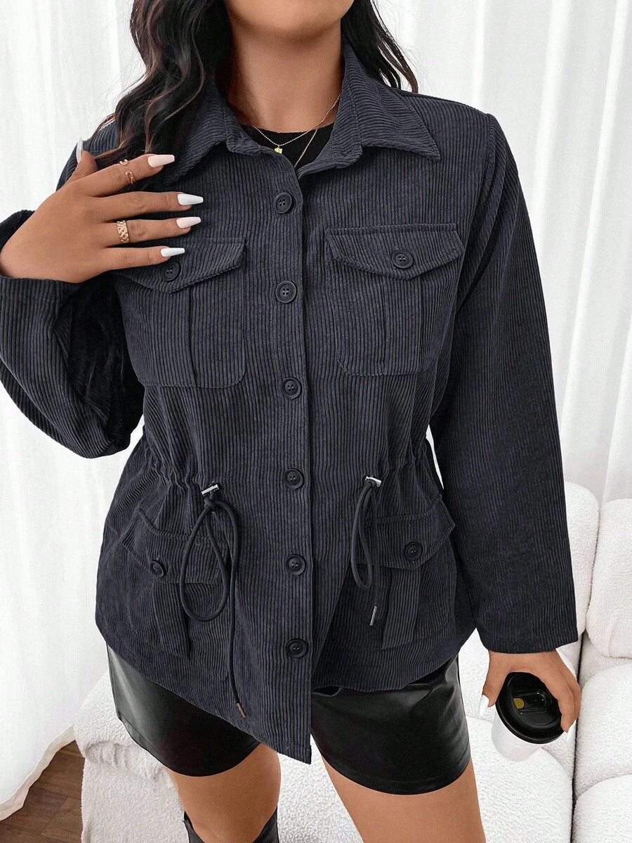 Corduroy Drawstring Waist Jacket For Everyday Casual Wear