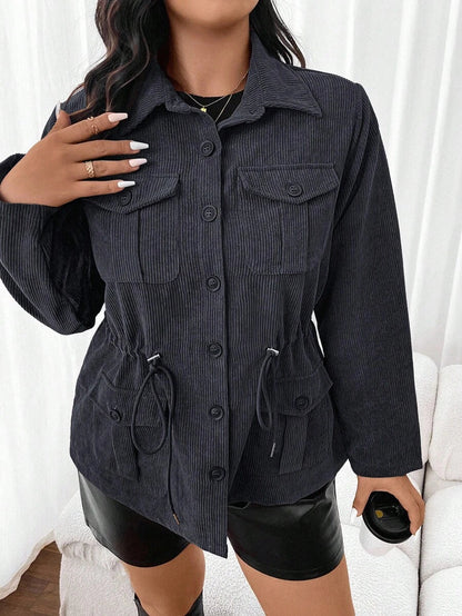 Corduroy Drawstring Waist Jacket For Everyday Casual Wear