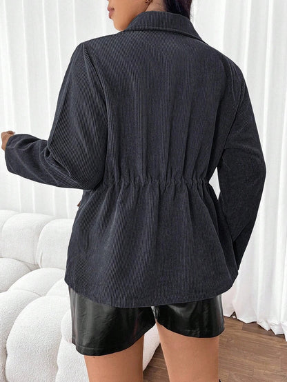 Corduroy Drawstring Waist Jacket For Everyday Casual Wear