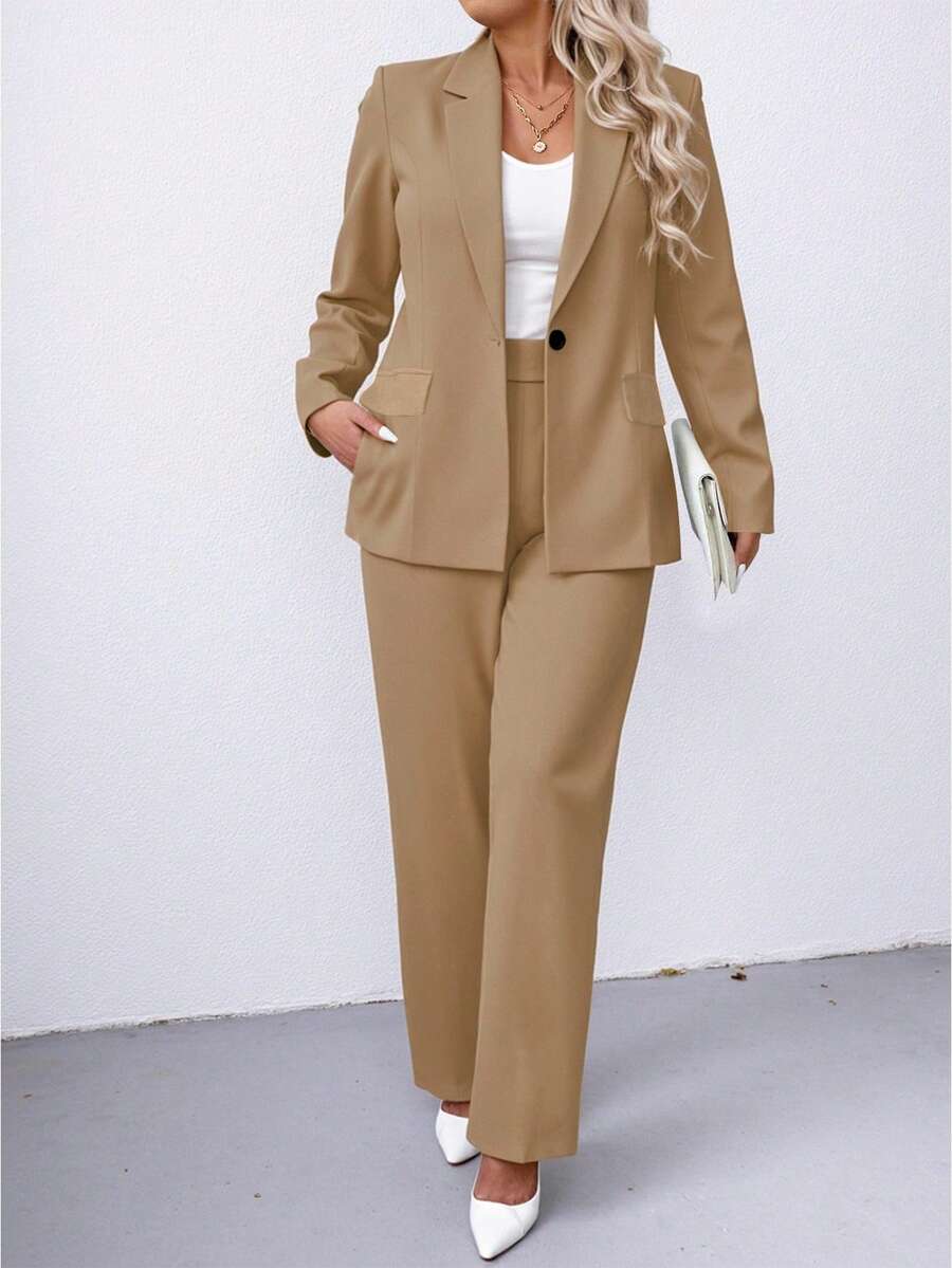 Plus Size Notched Collar Blazer Navy Workwear Casual