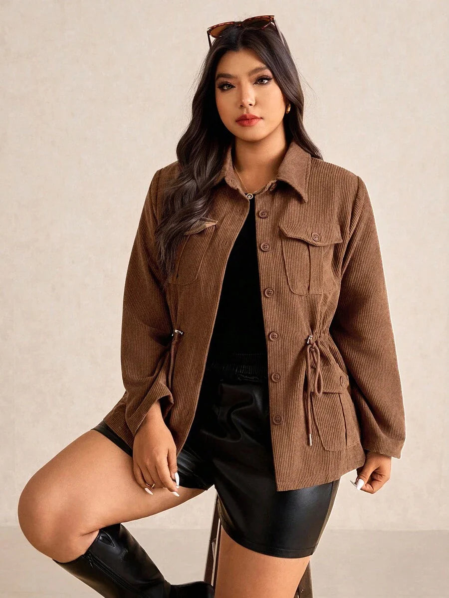 Corduroy Drawstring Waist Jacket For Everyday Casual Wear