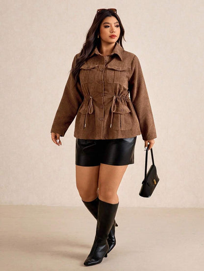 Corduroy Drawstring Waist Jacket For Everyday Casual Wear
