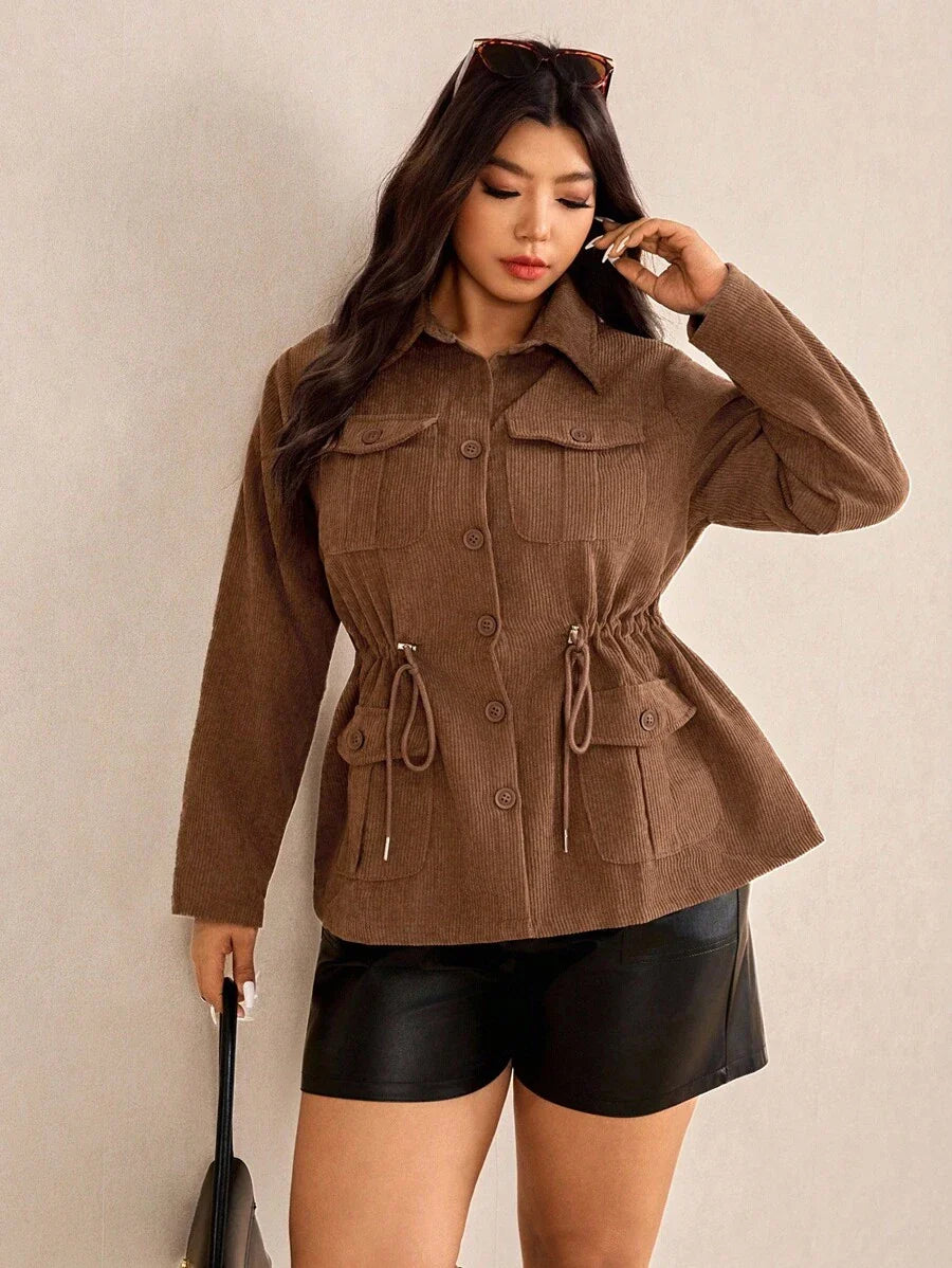 Corduroy Drawstring Waist Jacket For Everyday Casual Wear