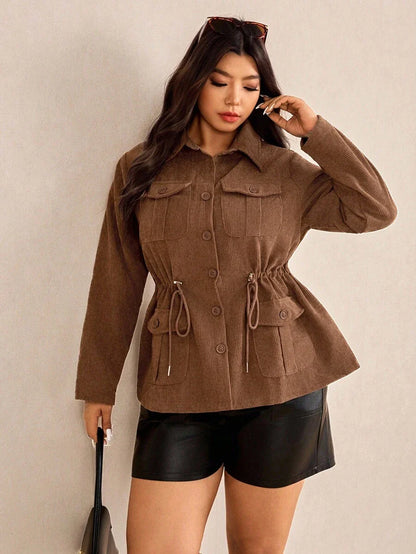 Corduroy Drawstring Waist Jacket For Everyday Casual Wear