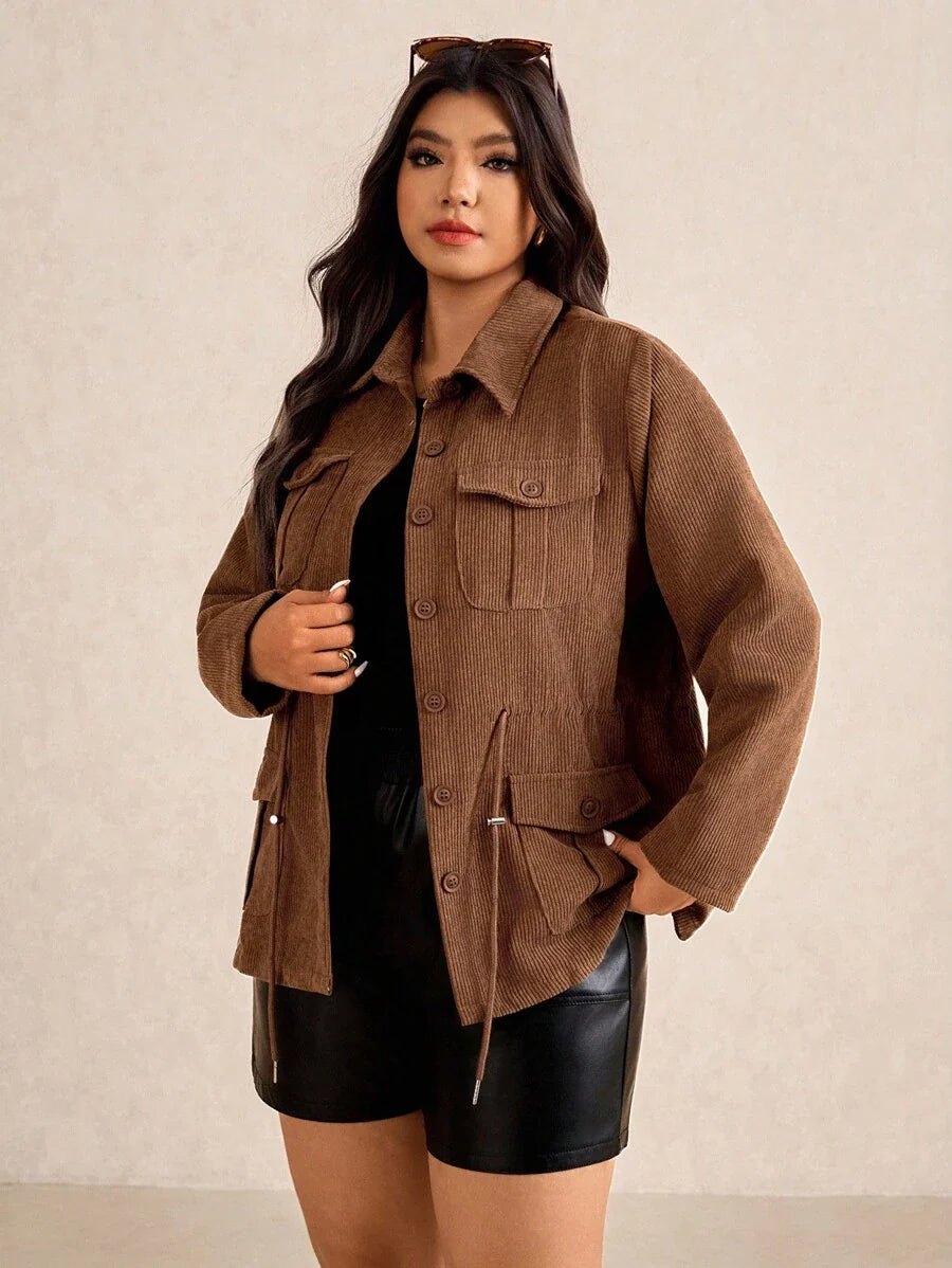 Corduroy Drawstring Waist Jacket For Everyday Casual Wear