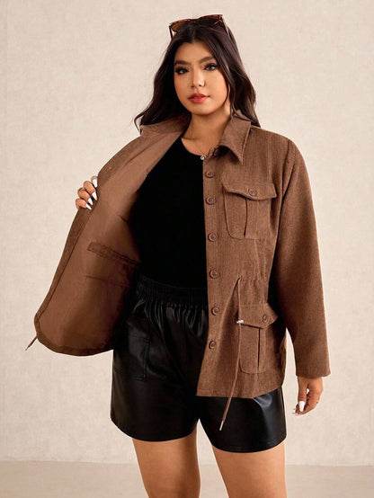 Corduroy Drawstring Waist Jacket For Everyday Casual Wear