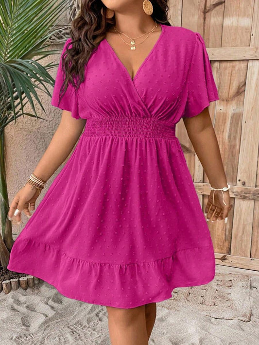 Plus Size V Neck Ruffle Dress With Cinched Waist Fit