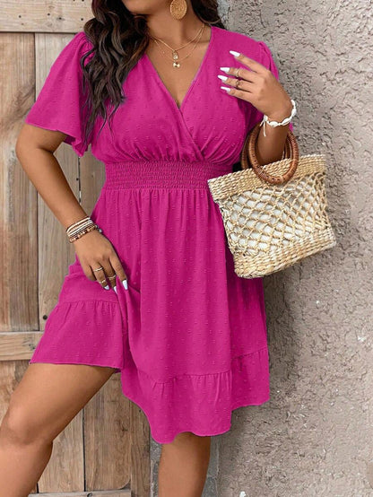 Plus Size V Neck Ruffle Dress With Cinched Waist Fit