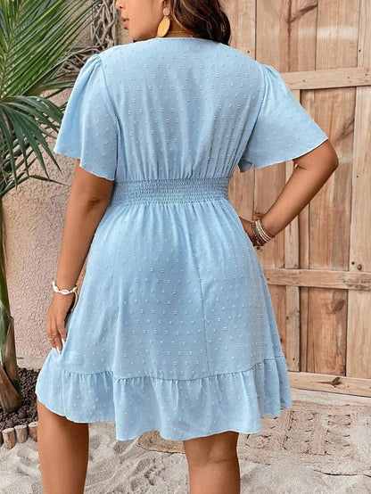 Plus Size V Neck Ruffle Dress With Cinched Waist Fit