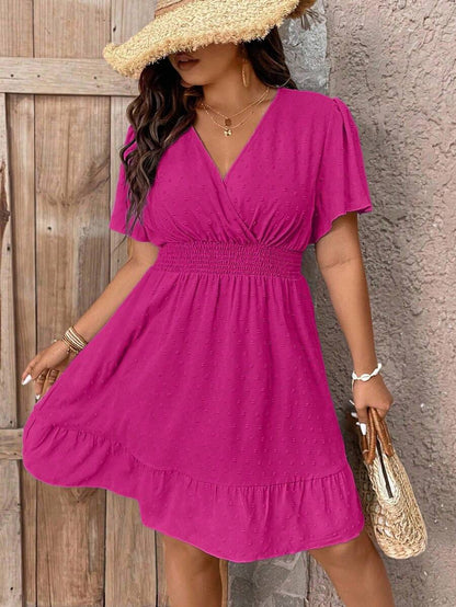 Plus Size V Neck Ruffle Dress With Cinched Waist Fit