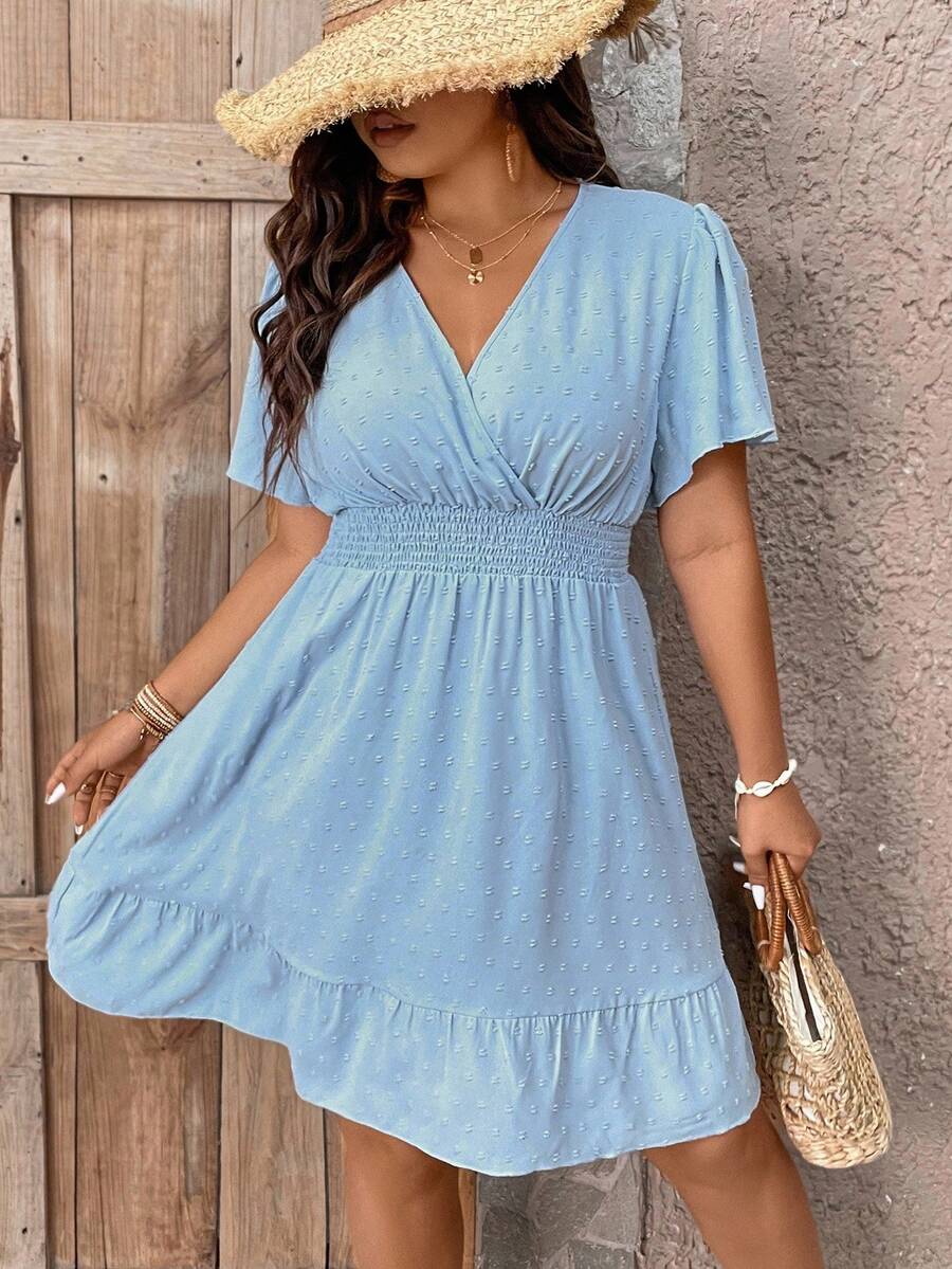 Plus Size V Neck Ruffle Dress With Cinched Waist Fit