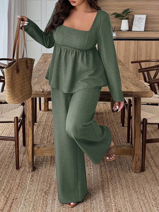 Plus Size Army Green Square Neck Two Piece Set Comfort
