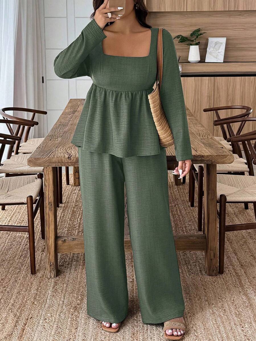 Plus Size Army Green Square Neck Two Piece Set Comfort