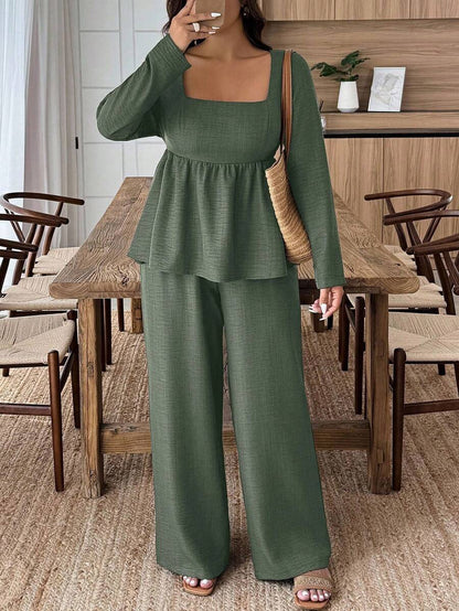 Plus Size Army Green Square Neck Two Piece Set Comfort