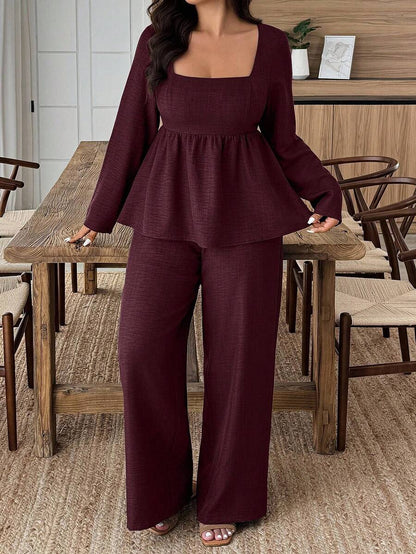 Plus Size Army Green Square Neck Two Piece Set Comfort