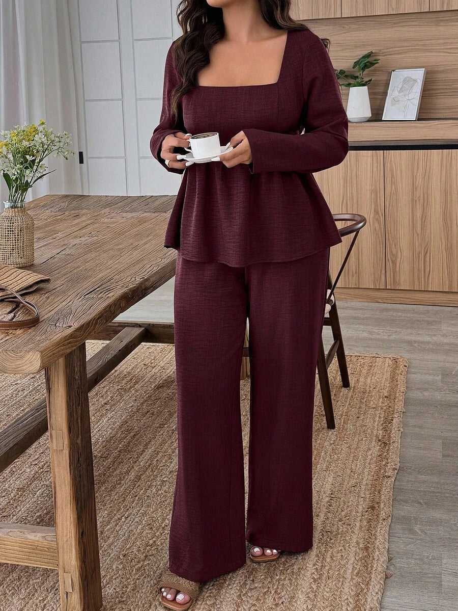 Plus Size Army Green Square Neck Two Piece Set Comfort