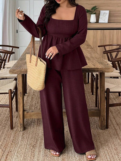Plus Size Army Green Square Neck Two Piece Set Comfort