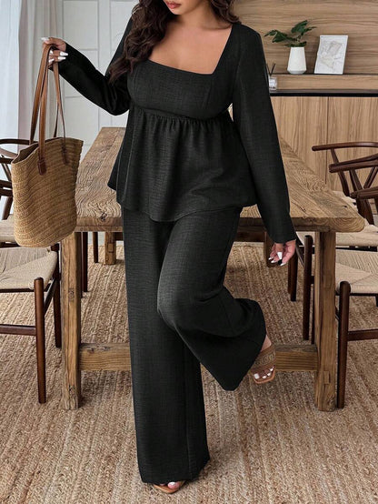 Plus Size Army Green Square Neck Two Piece Set Comfort