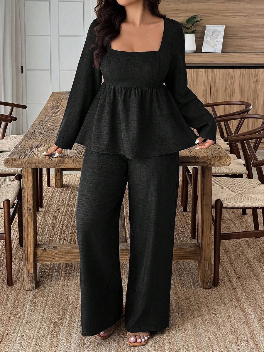 Plus Size Army Green Square Neck Two Piece Set Comfort
