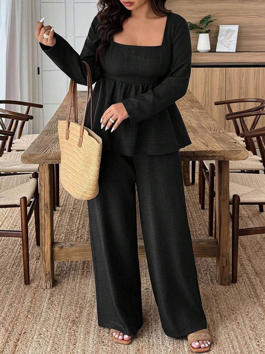 Plus Size Army Green Square Neck Two Piece Set Comfort