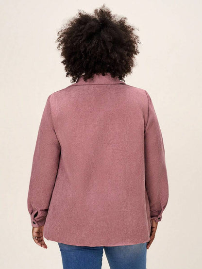 Plus Size Corduroy Shacket Single Breasted Blue Long Sleeve