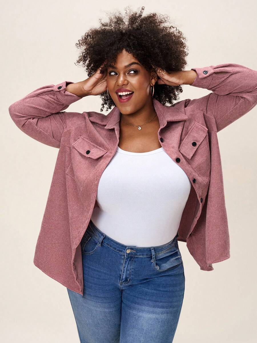 Plus Size Corduroy Shacket Single Breasted Blue Long Sleeve