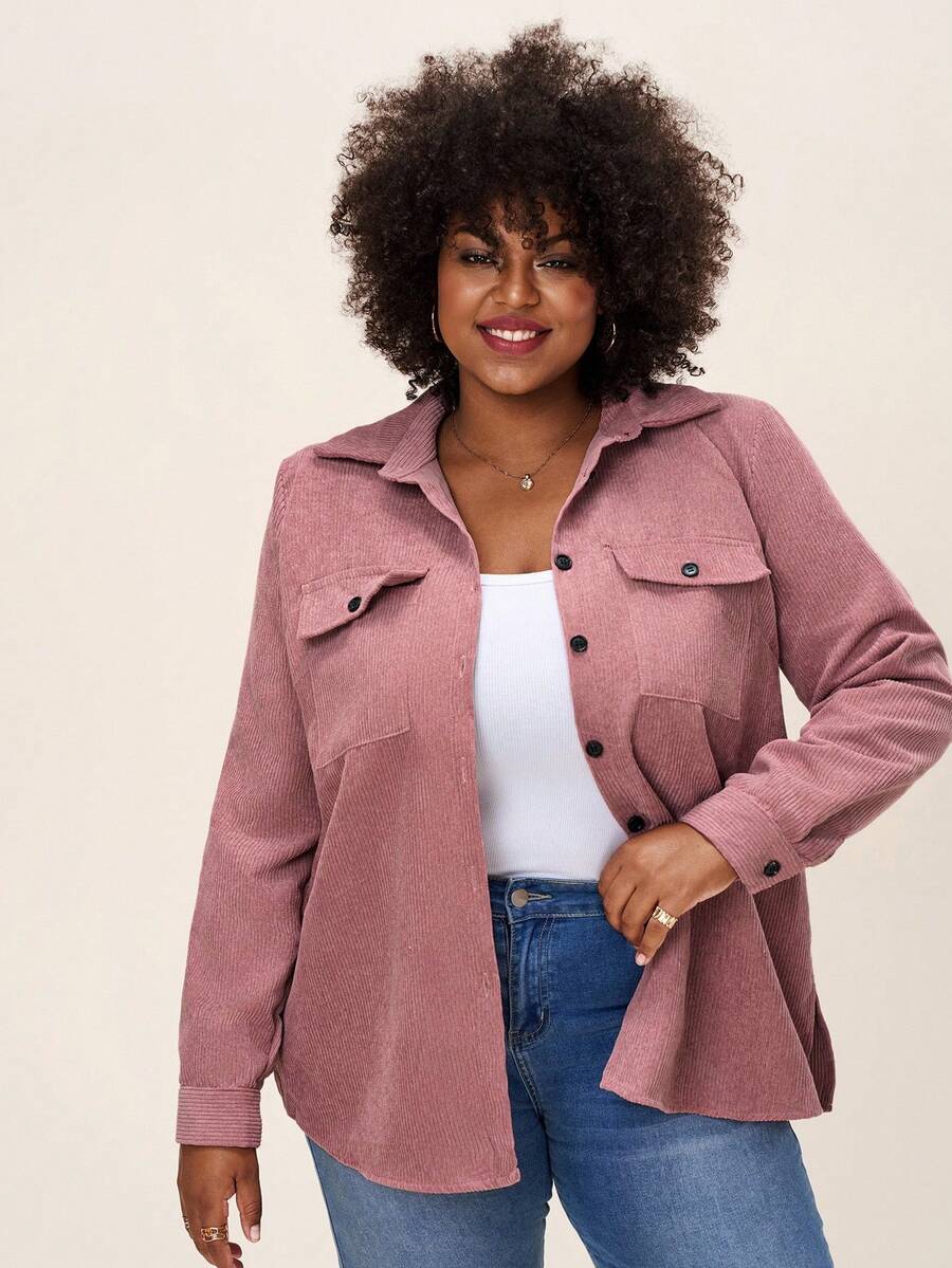 Plus Size Corduroy Shacket Single Breasted Blue Long Sleeve
