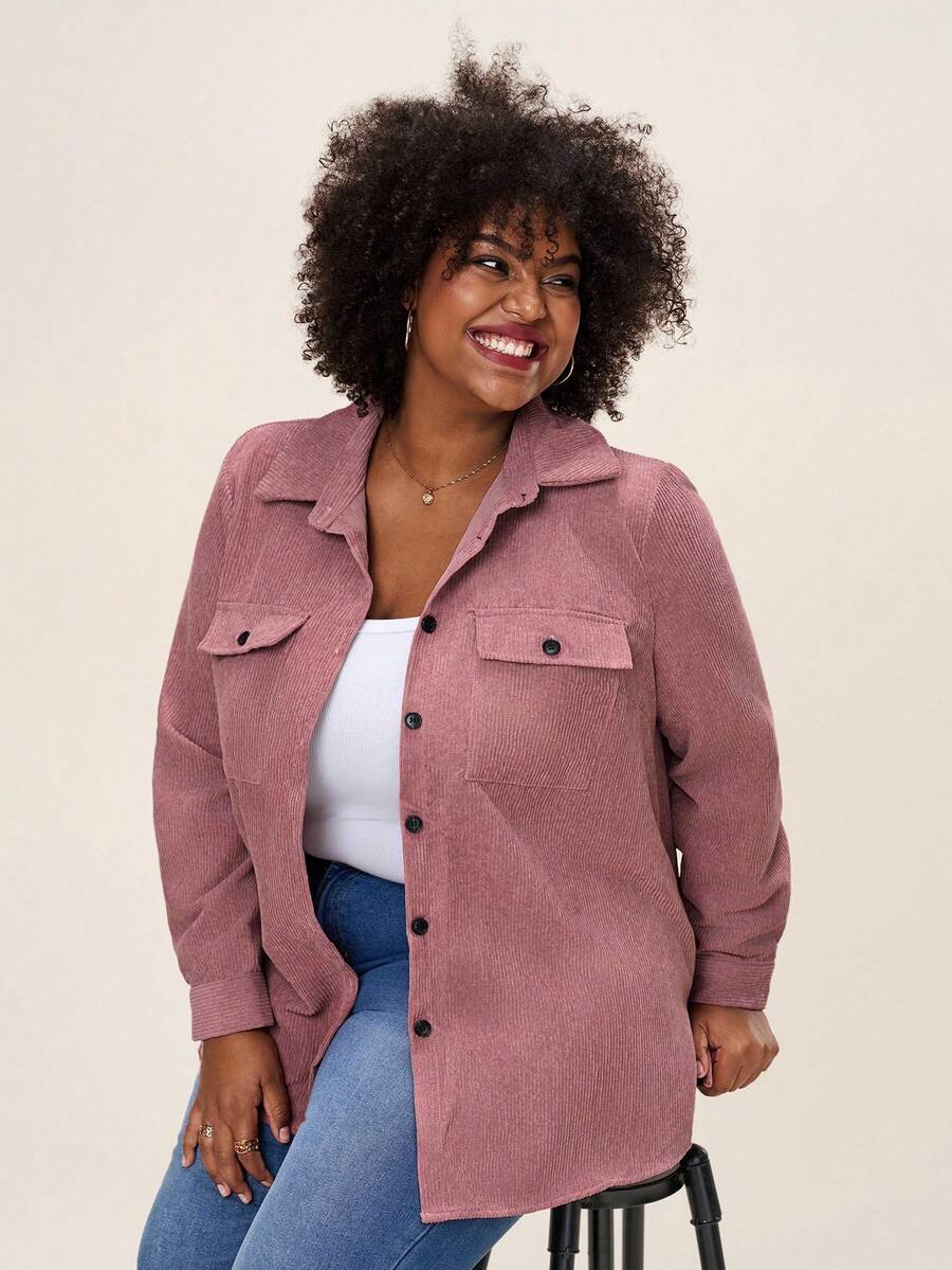 Plus Size Corduroy Shacket Single Breasted Blue Long Sleeve