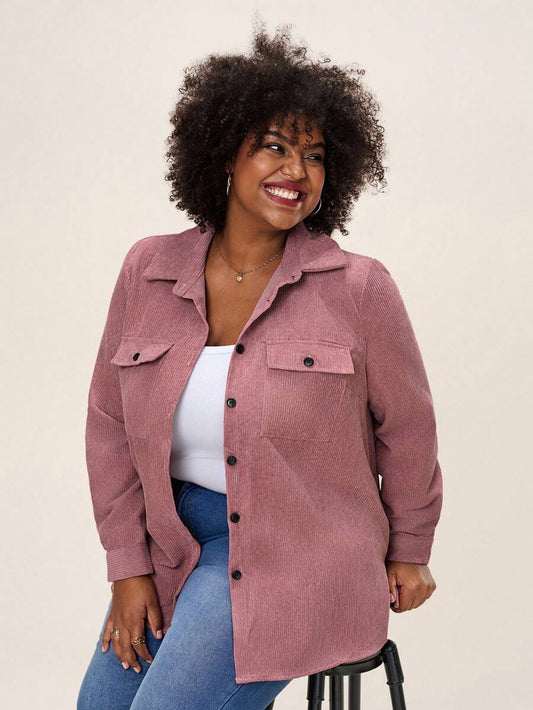 Plus Size Corduroy Shacket Single Breasted Blue Long Sleeve
