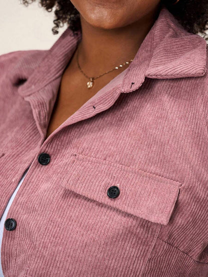 Plus Size Corduroy Shacket Single Breasted Blue Long Sleeve