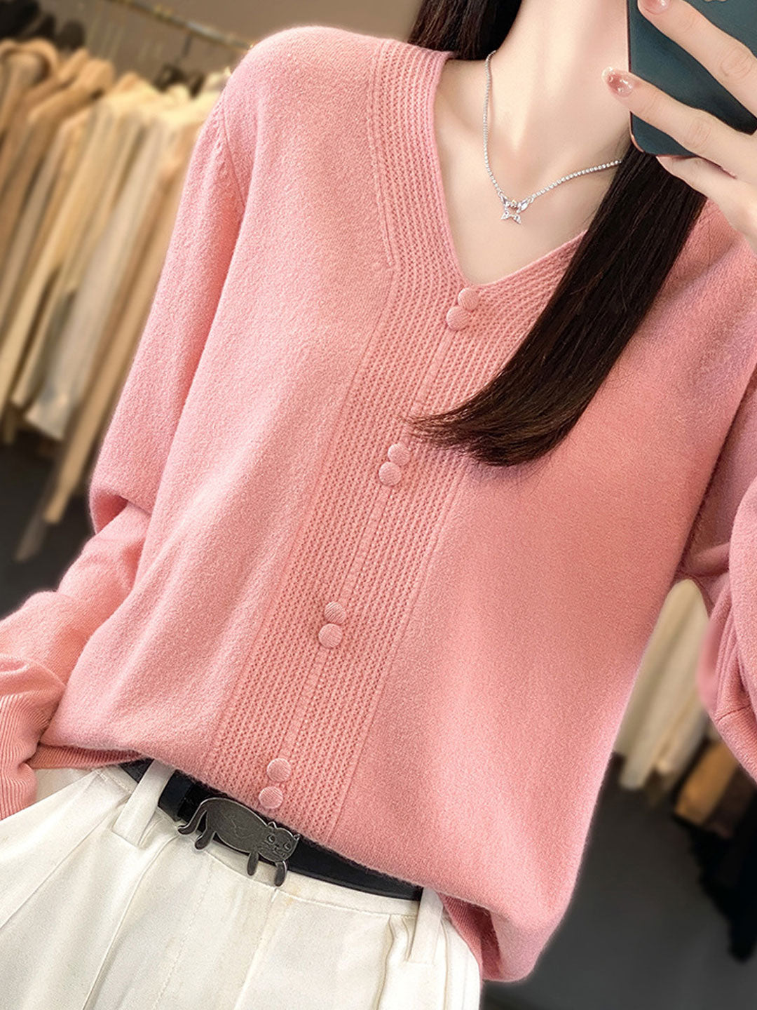 Abigail Casual V-neck Loose Knitted Sweater-Green