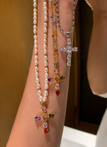 Natural Pearl Colorful Cross Pendant Necklace 22K Gold Plated