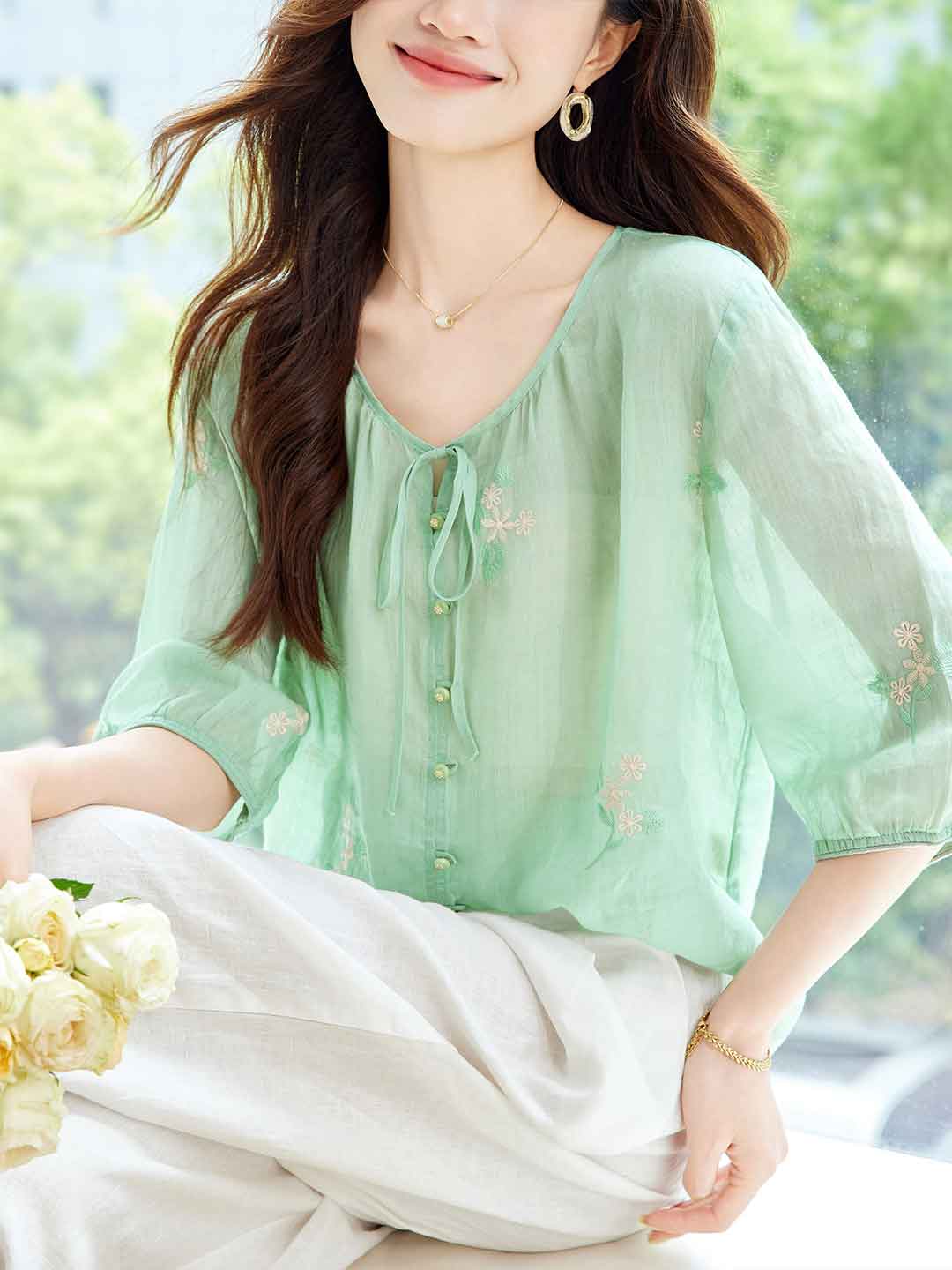 Camila Loose Crew Neck Embroidered Floral Blouse