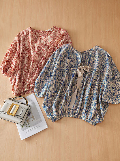 Maya Casual Back Bow Printed Blouse-Green