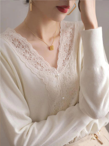 Elaine French Style V-Neck Lace Stitching Knitted Sweater