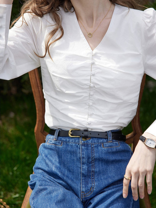 Jasmine Elegant V-Neck Puff sleeve Top-Blue