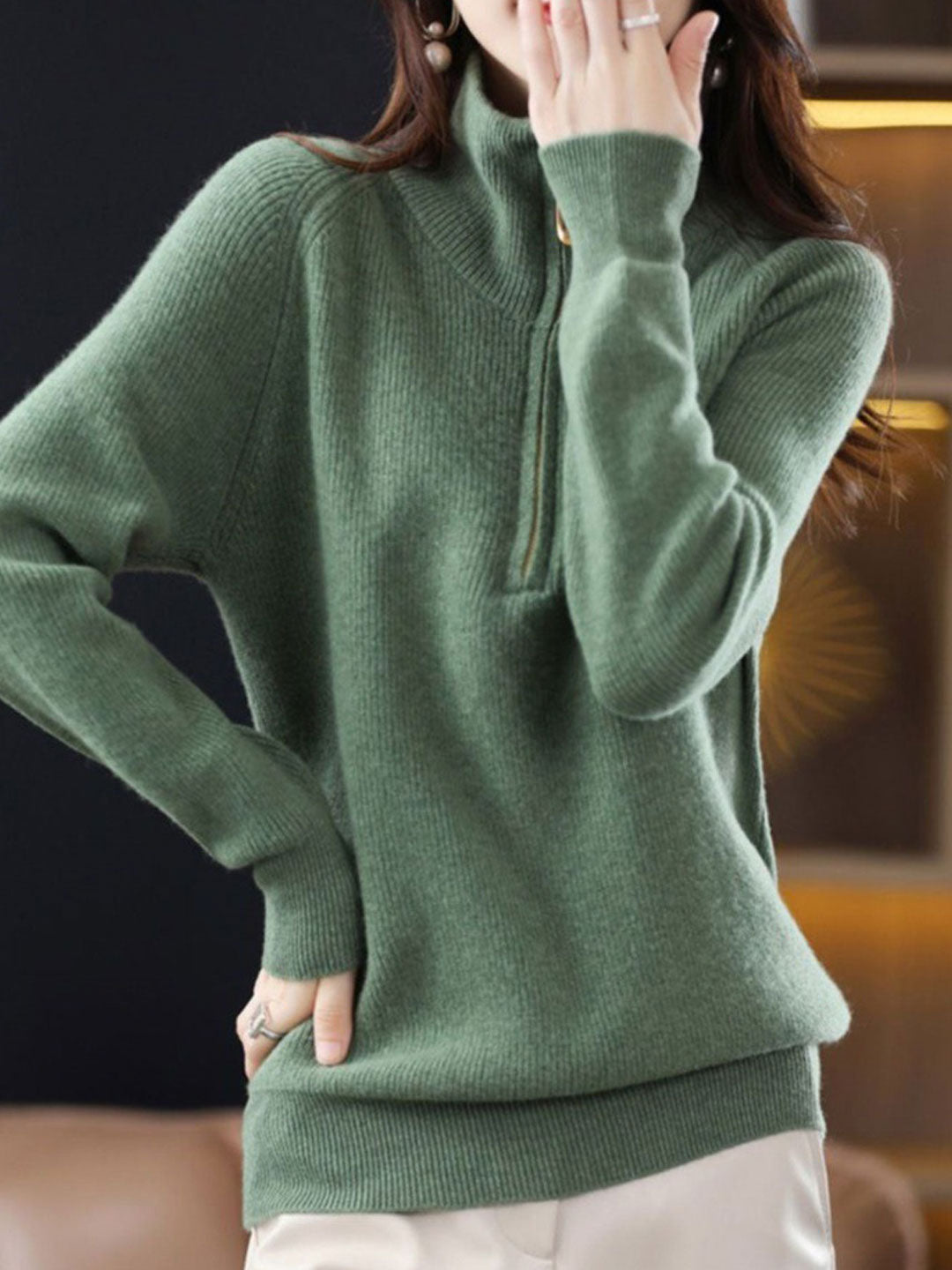 Julia Loose Pullover Zipper Knitted Coat-Apricot