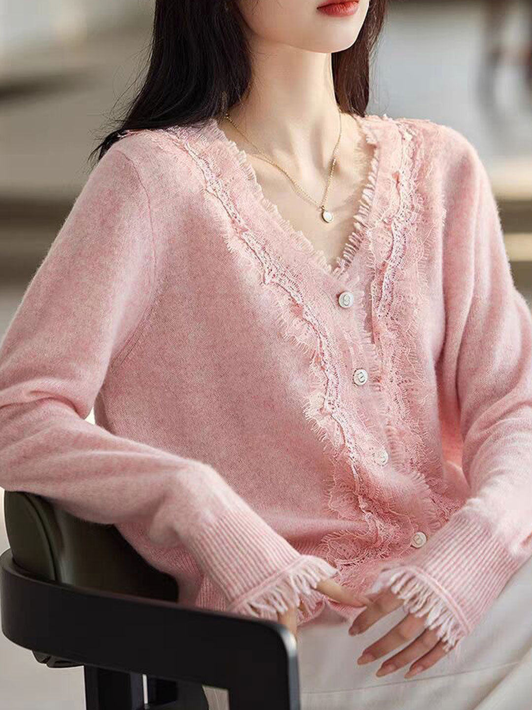 Emma Elegant V-Neck Lace Knitted Cardigan