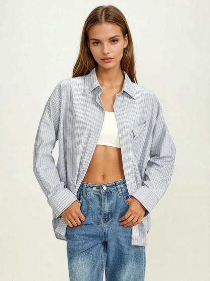 Rhinestone Dot Pinstripe Long Sleeves Pocket Shirt
