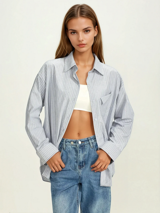 Rhinestone Dot Pinstripe Long Sleeves Pocket Shirt