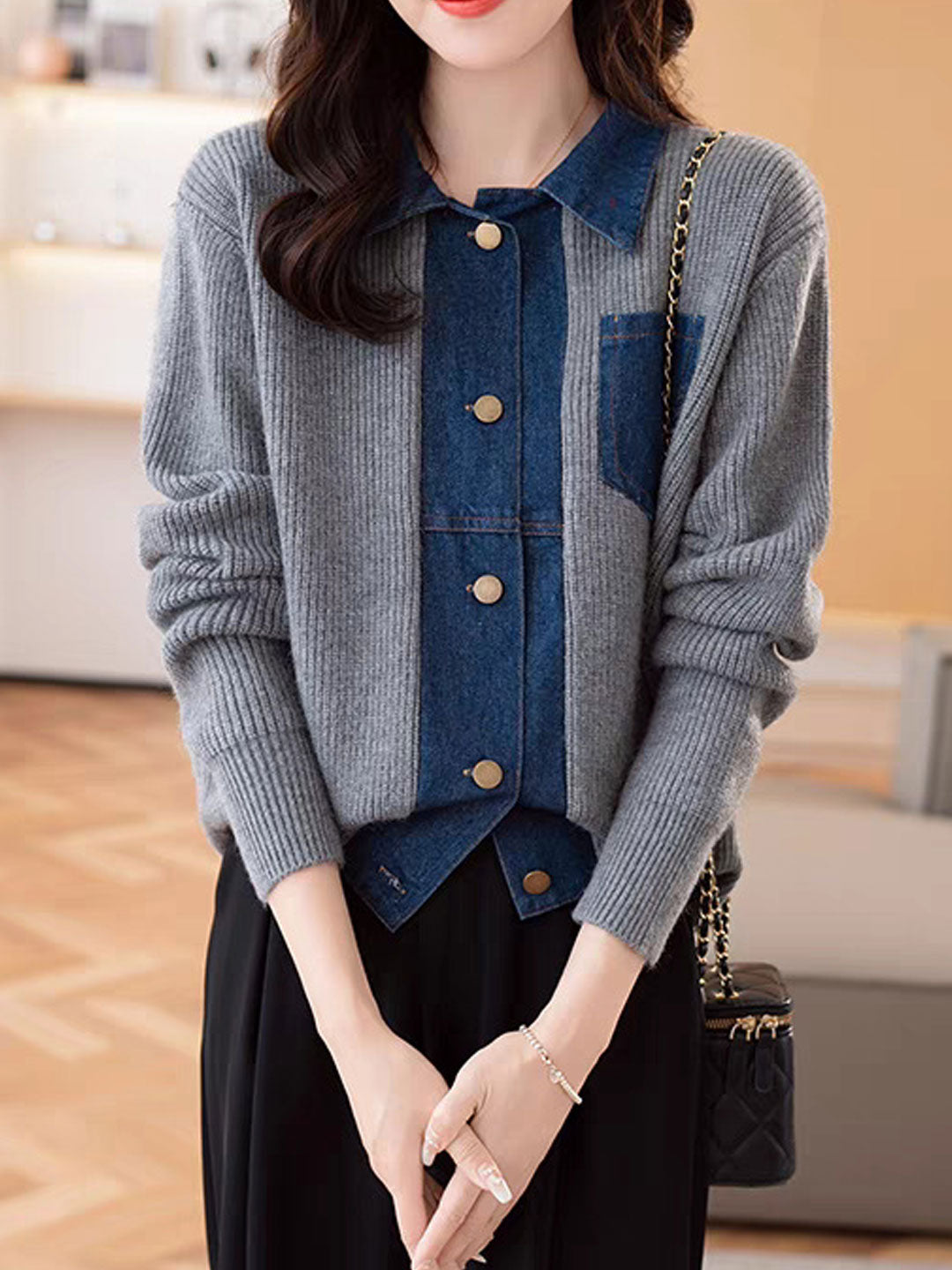 Eva Casual Lapel Patchwork Knitted Cardigan-Navy Blue