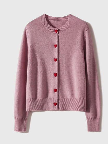 Raya Elegant Crew Neck Heart Button Knitted Cardigan-Navy Blue