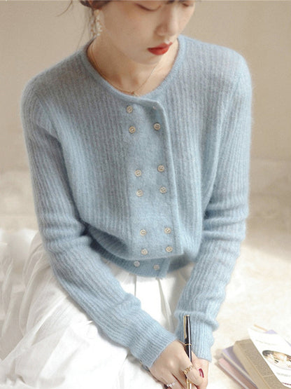 Alena French Style  Double-breasted Knitted Cardigan-Beige