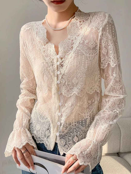 Hannah Slim V-Neck Hollowed Lace Top