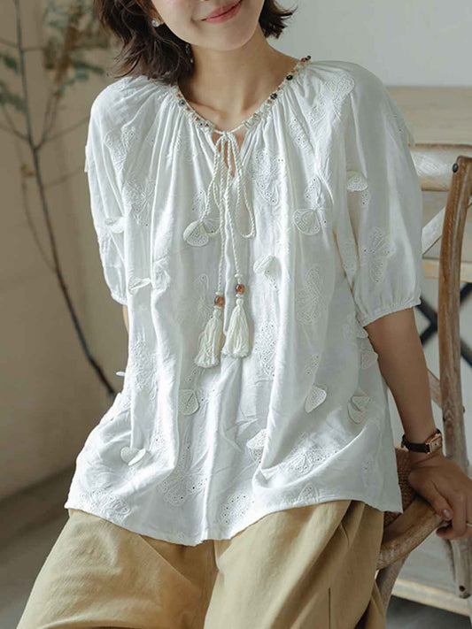 Sophie Elegant V-Neck Butterfly Embroidered Top