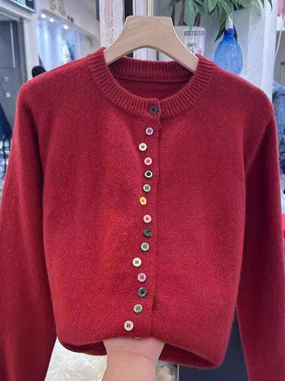 Aaliyah Classic Crew Neck Buttoned Knitted Cardigan-Red