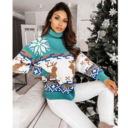 DressBetty - Christmas Turtleneck Sweaters Long Sleeve Elk Snowflake Pattern Pullovers Loose